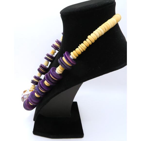 Vintage Boho Wood Bead Necklace w/ Mosaic Focal Bead Purple & Beige Tribal Style - Picture 4 of 11